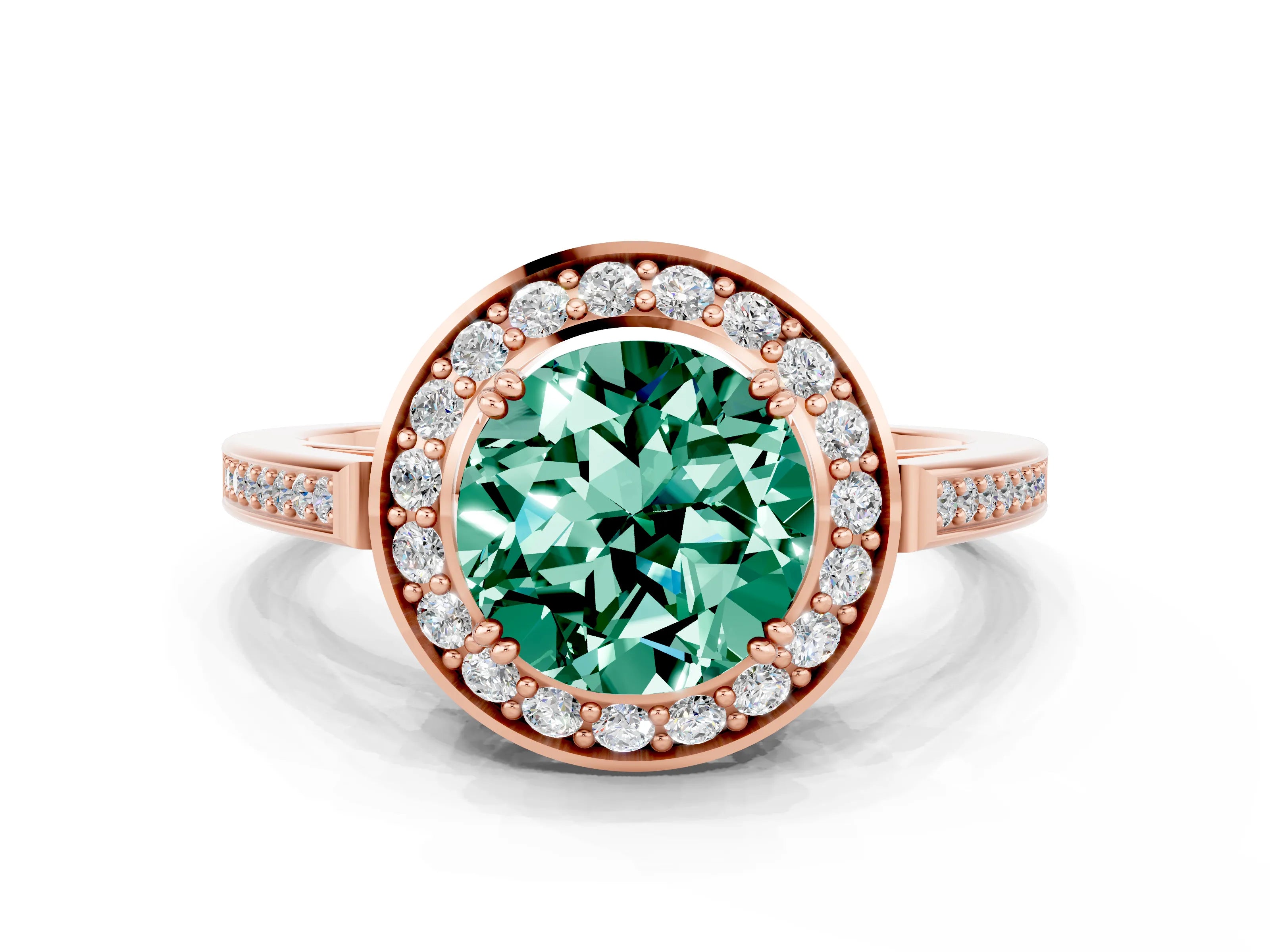Rose gold {shape_name} Green Sapphire Halo Ring with Split Shank and Four-Prong Setting