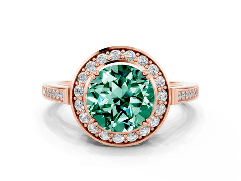 Rose gold {shape_name} Green Sapphire Halo Ring with Split Shank and Four-Prong Setting