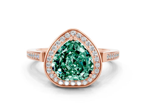 Rose gold {shape_name} Green Sapphire Halo Ring with Split Shank and Four-Prong Setting