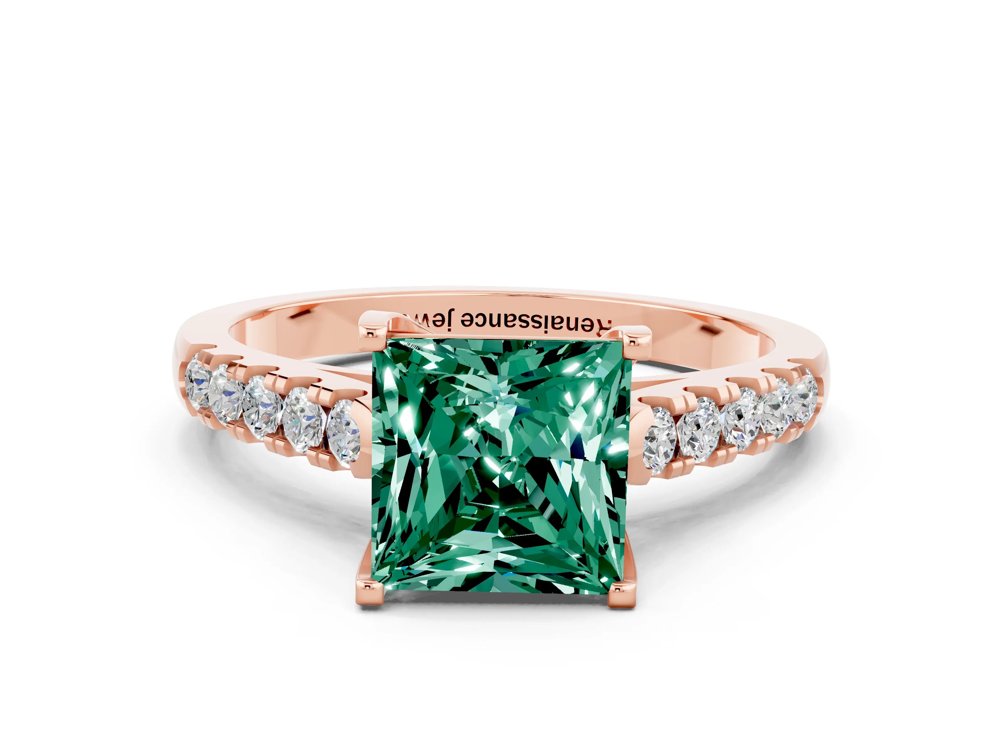 Rose gold {shape_name} Green Sapphire Solitaire Ring with Pavé Band and Four-Prong Setting
