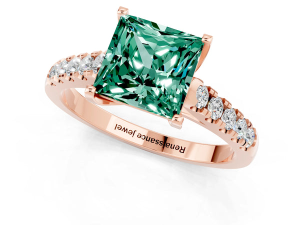 Rose gold Princess Cut Green Sapphire Pavé Band Solitaire Ring with Prong Setting