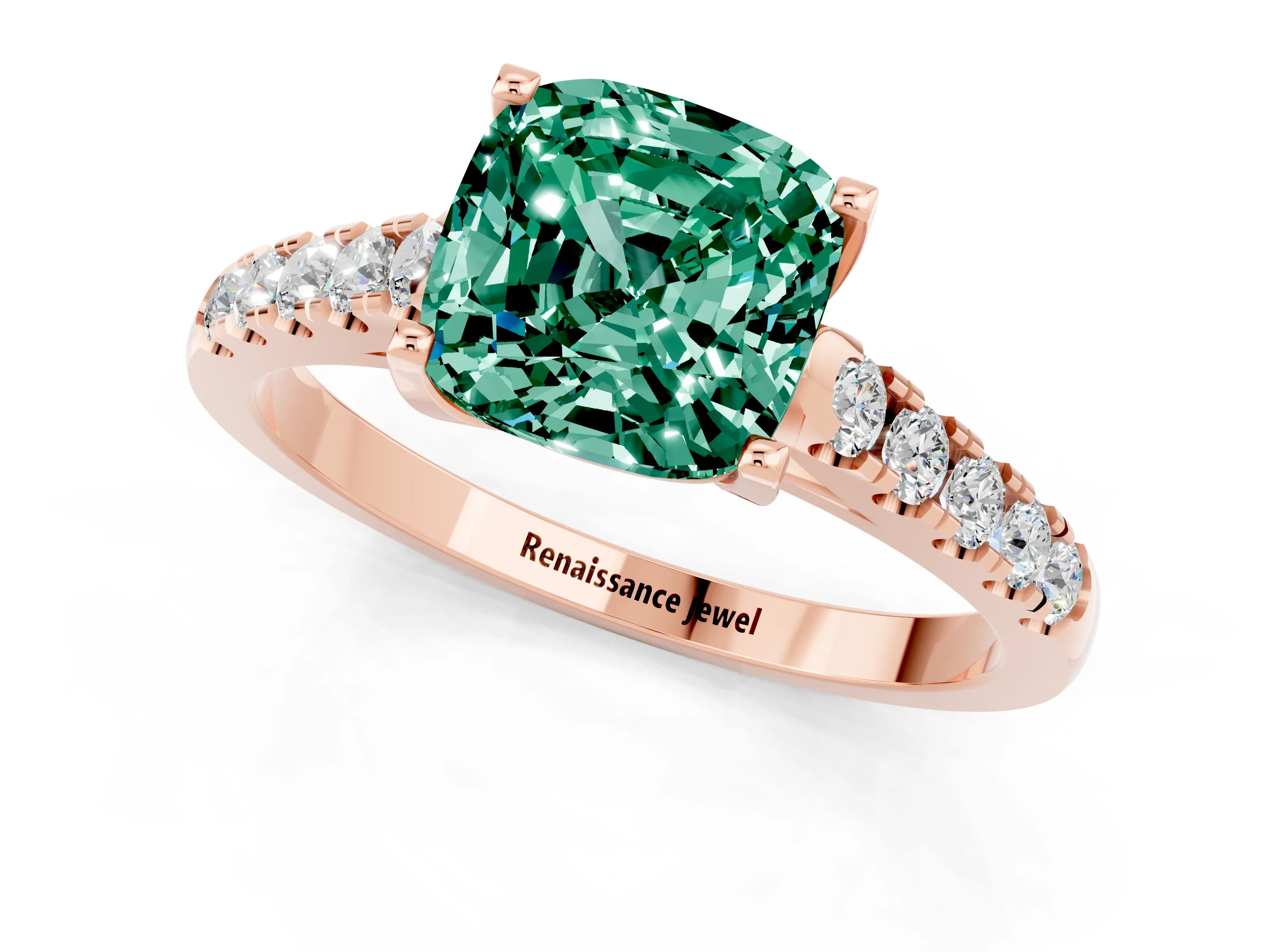 Rose gold {shape_name} Green Sapphire Solitaire Ring with Pavé Band and Four-Prong Setting_1