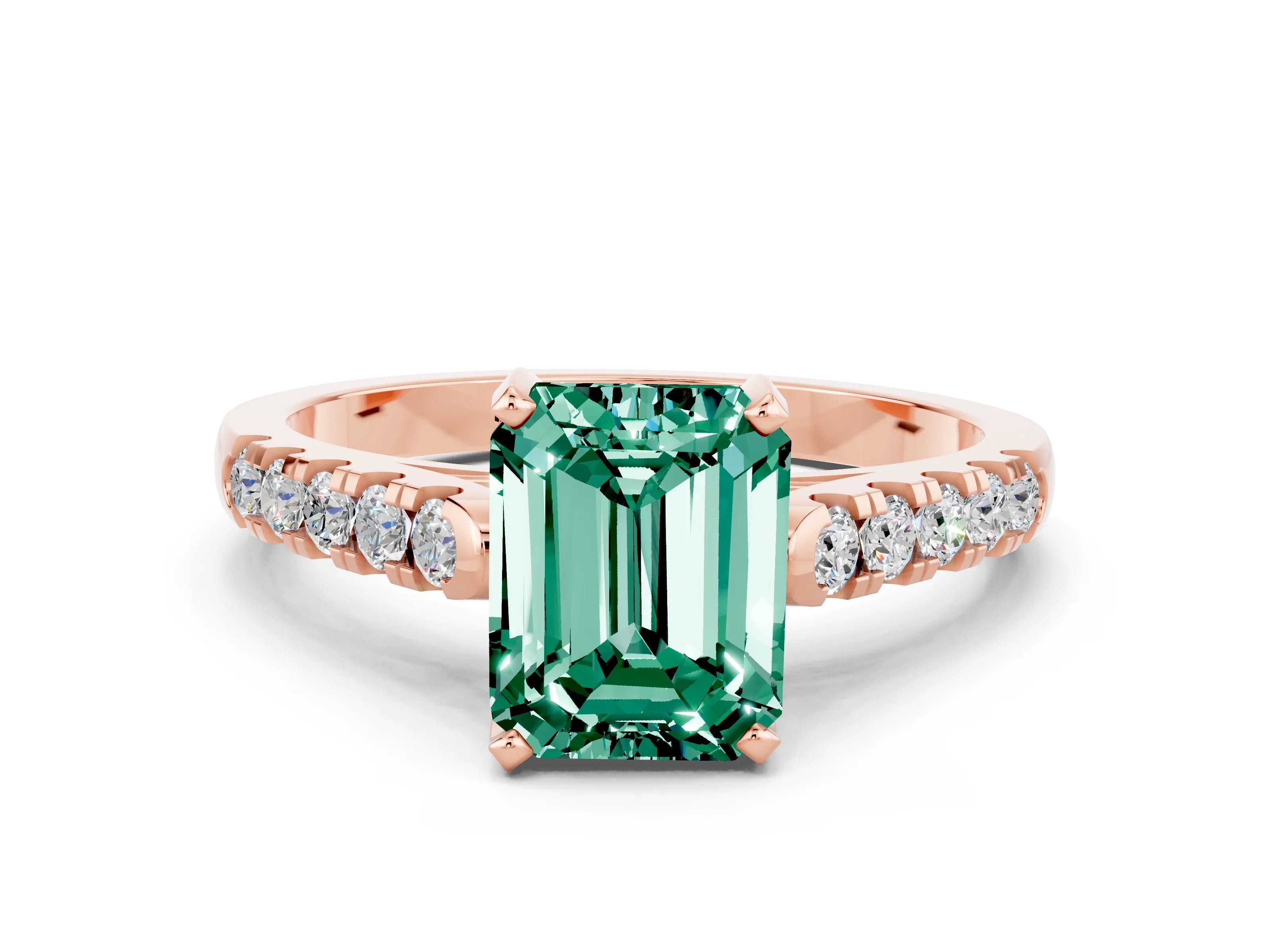 Rose gold {shape_name} Green Sapphire Solitaire Ring with Pavé Band and Four-Prong Setting