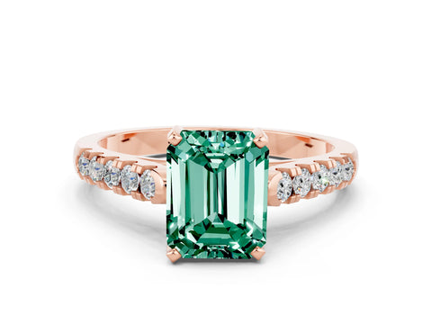 Rose gold {shape_name} Green Sapphire Solitaire Ring with Pavé Band and Four-Prong Setting