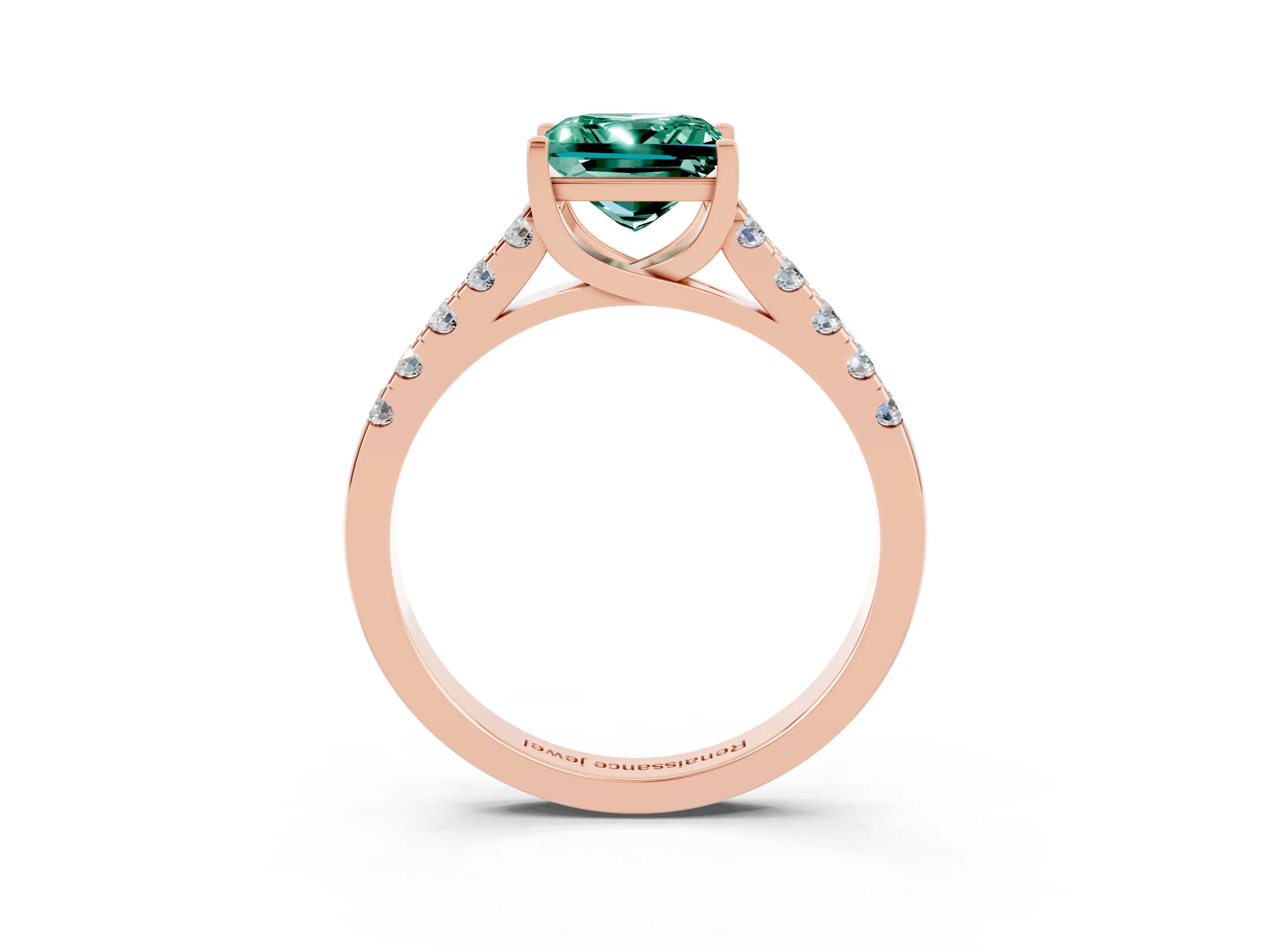 Rose gold {shape_name} Green Sapphire Solitaire Ring with Pavé Band and Four-Prong Setting_3