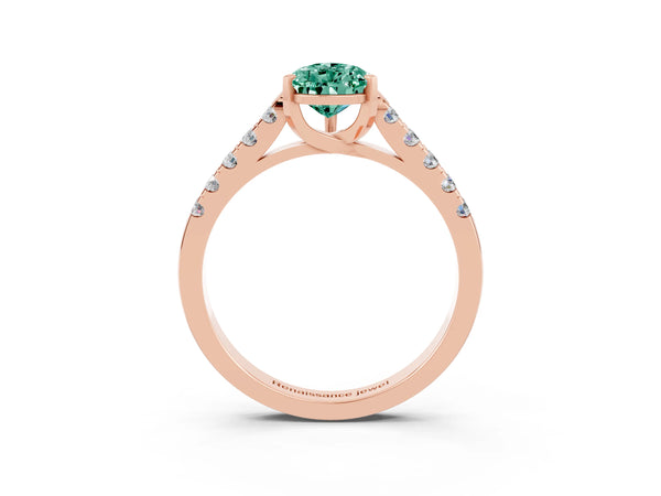 Rose gold Pear Cut Green Sapphire Pavé Band Solitaire Ring with Prong Setting