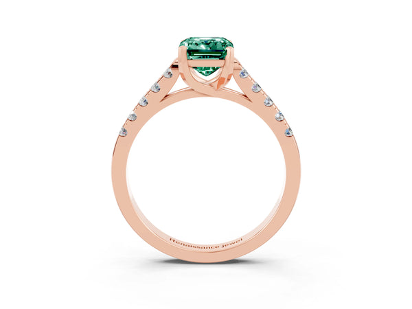 Rose gold Emerald Cut Green Sapphire Pavé Band Solitaire Ring with Prong Setting