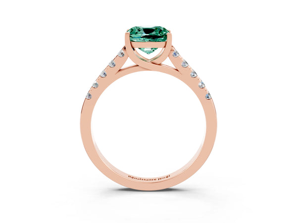 Rose gold Cushion Cut Green Sapphire Pavé Band Solitaire Ring with Prong Setting