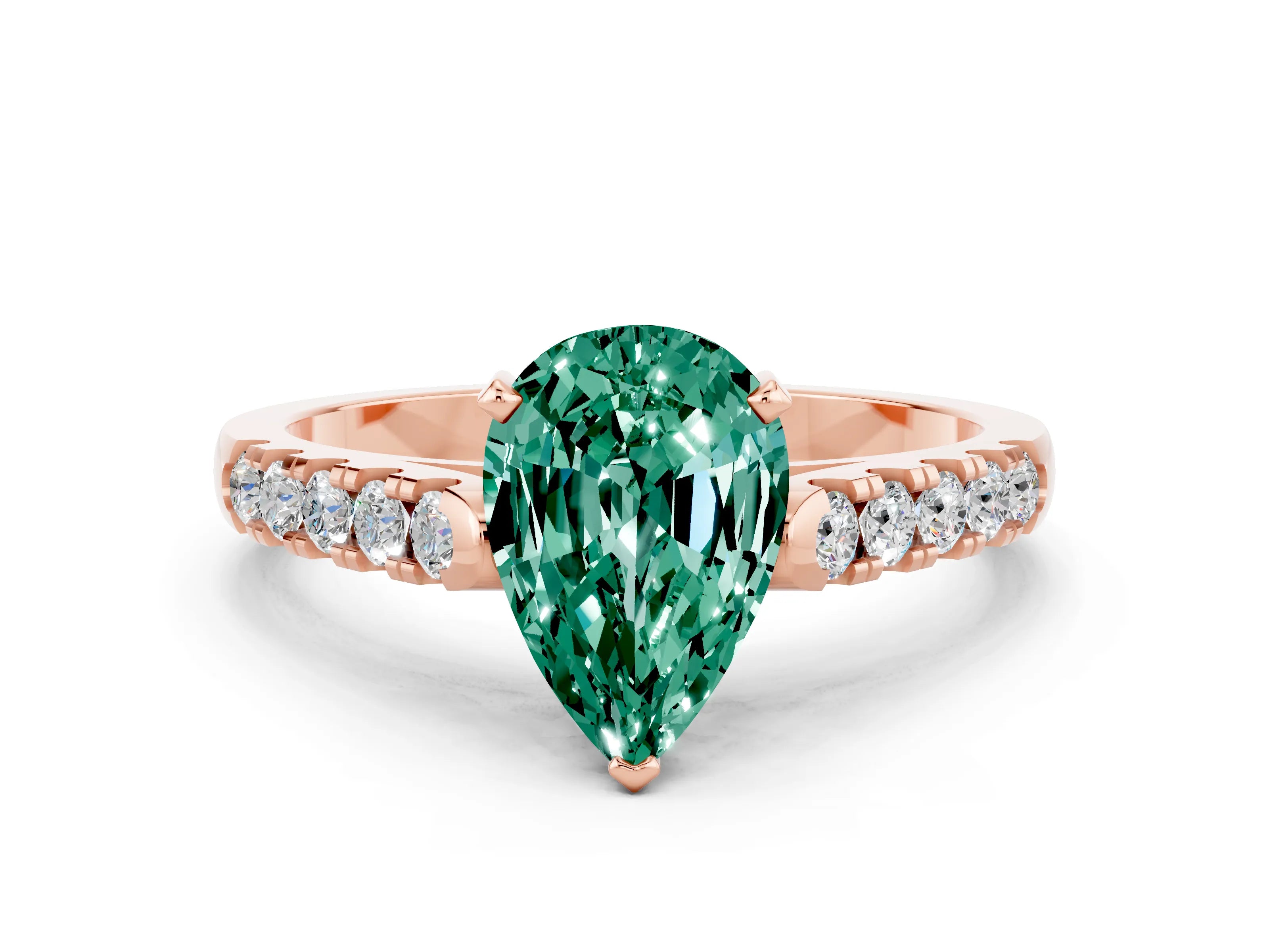Rose gold {shape_name} Green Sapphire Solitaire Ring with Pavé Band and Four-Prong Setting