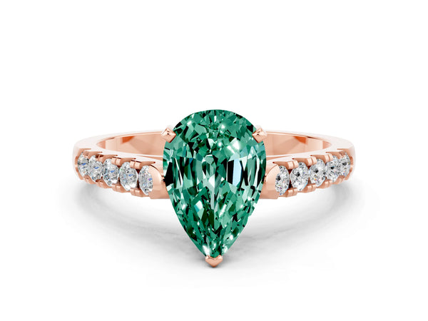 Rose gold Pear Cut Green Sapphire Pavé Band Solitaire Ring with Prong Setting