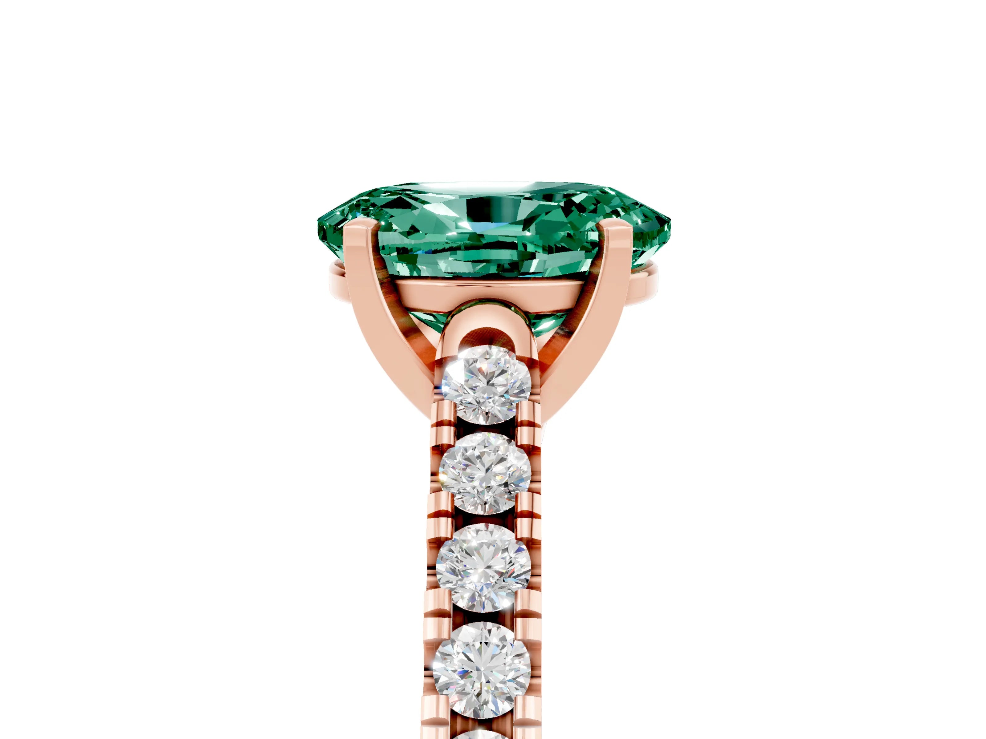 Rose gold {shape_name} Green Sapphire Solitaire Ring with Pavé Band and Four-Prong Setting_5