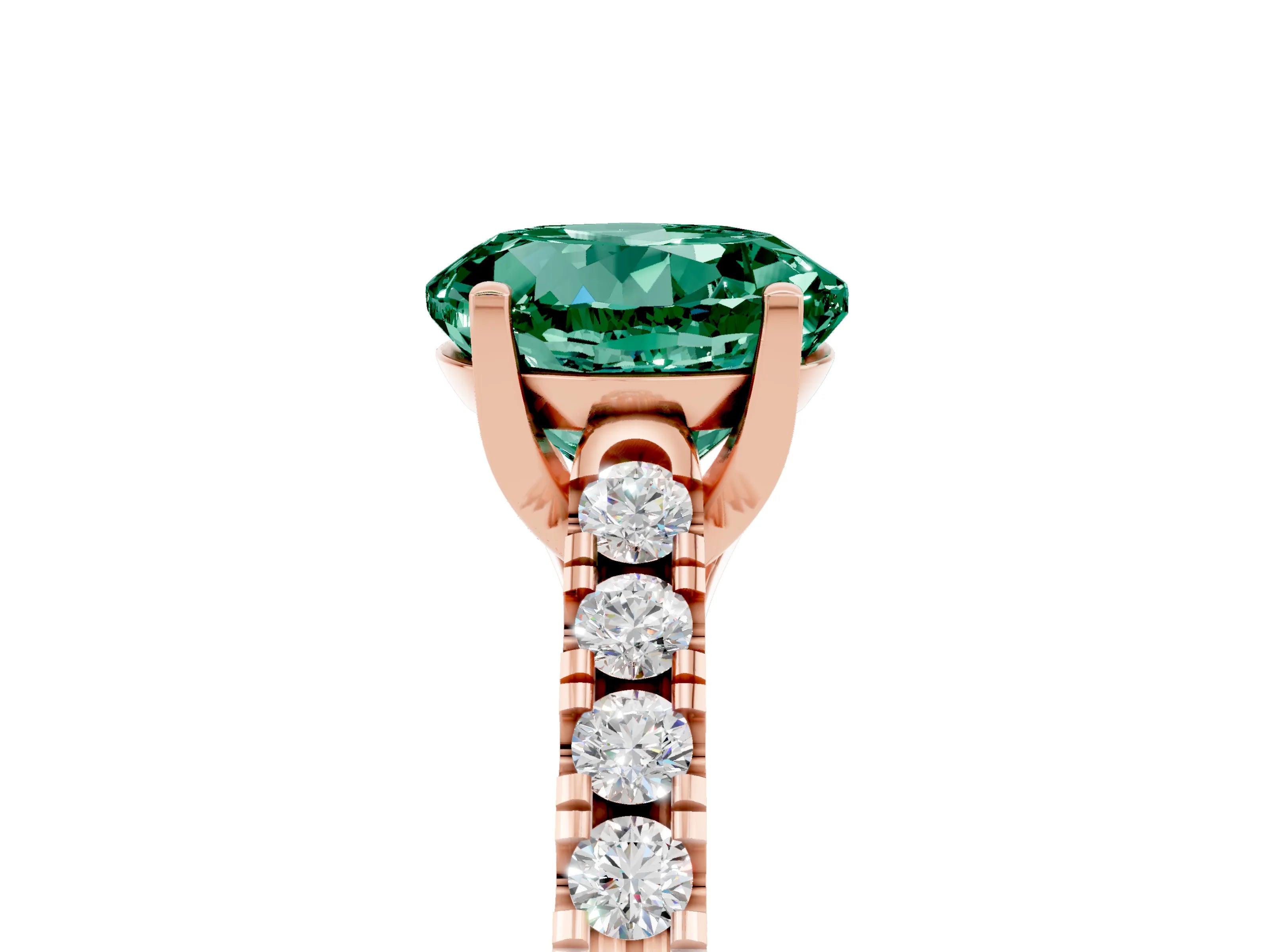 Rose gold {shape_name} Green Sapphire Solitaire Ring with Pavé Band and Four-Prong Setting_5