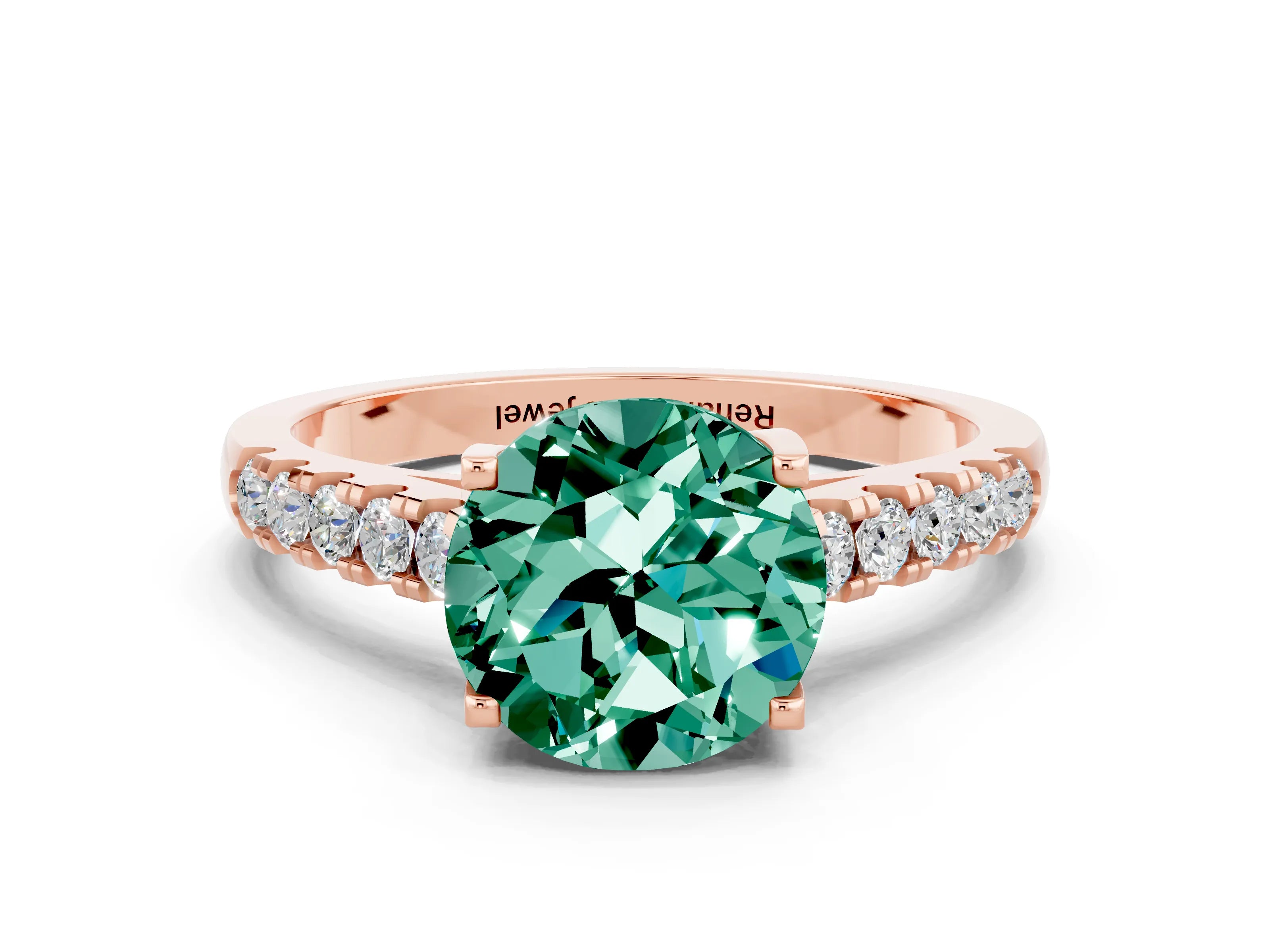 Rose gold {shape_name} Green Sapphire Solitaire Ring with Pavé Band and Four-Prong Setting