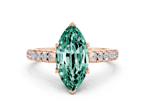 Rose gold Marquise Cut Green Sapphire Pavé Band Solitaire Ring with Prong Setting