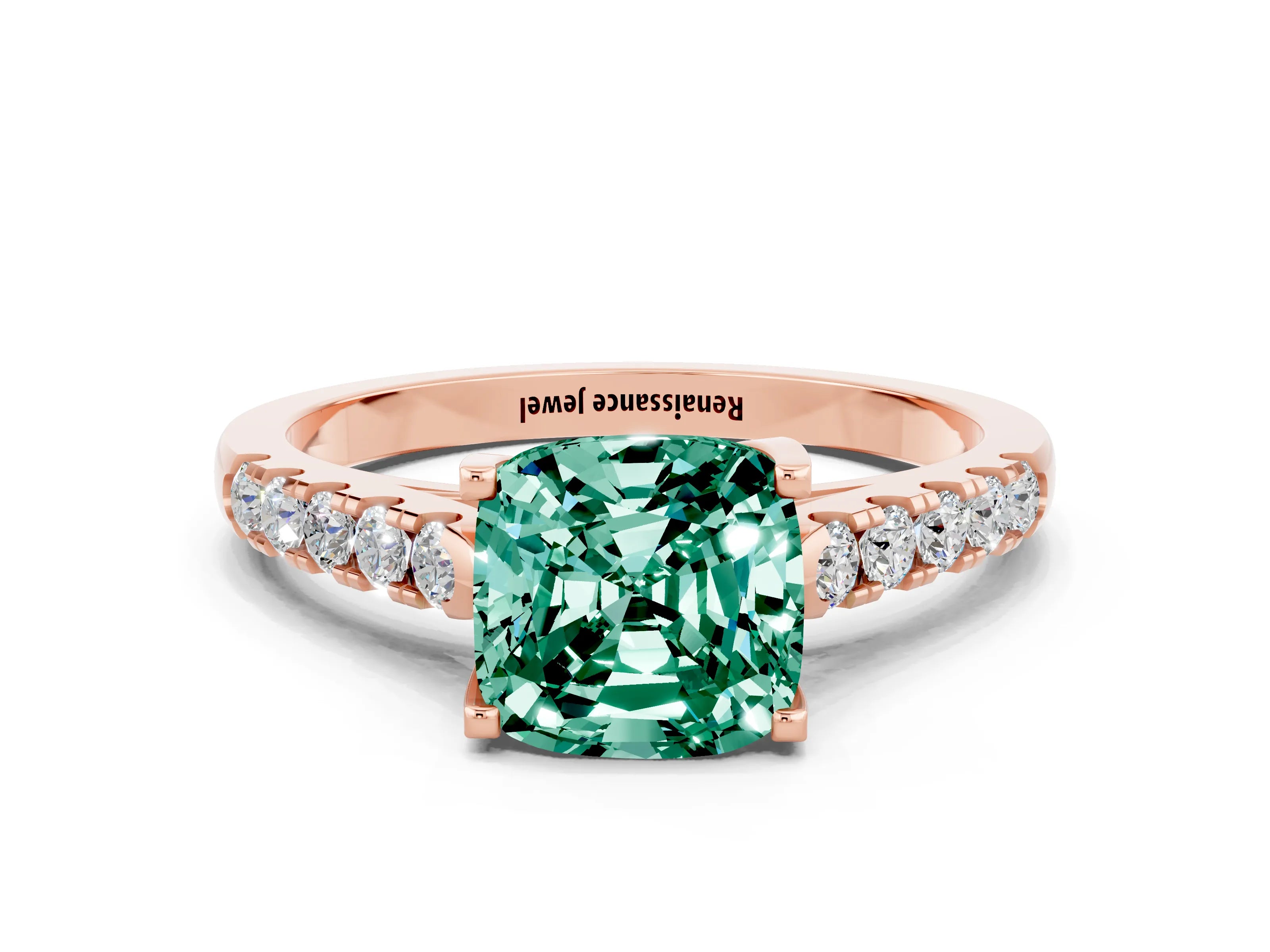 Rose gold {shape_name} Green Sapphire Solitaire Ring with Pavé Band and Four-Prong Setting