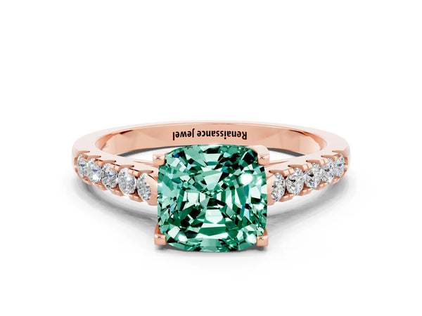 Rose gold Cushion Cut Green Sapphire Pavé Band Solitaire Ring with Prong Setting