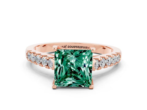Rose gold {shape_name} Green Sapphire Solitaire Ring with Pavé Band and Four-Prong Setting