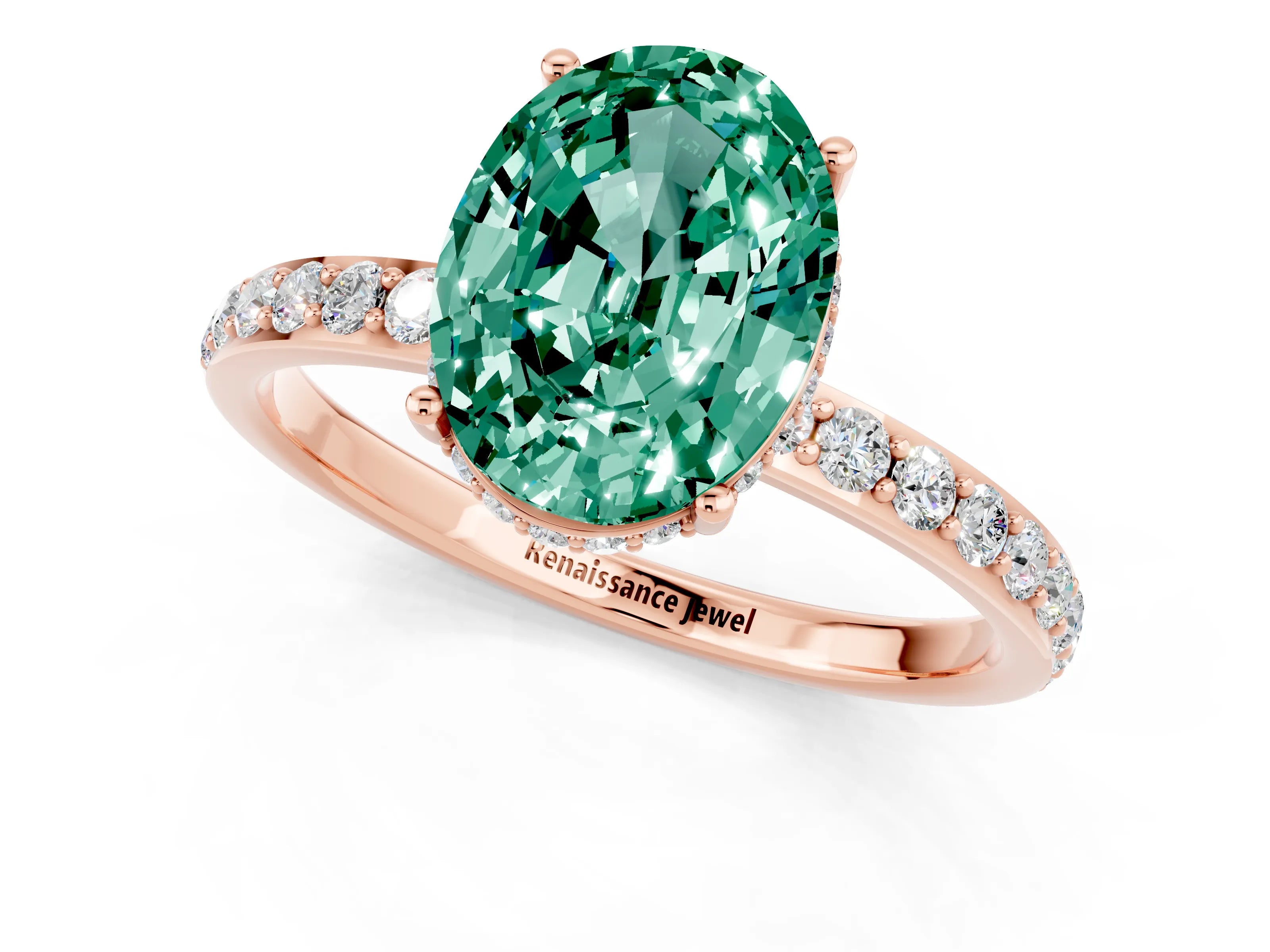 Rose gold {shape_name} Green Sapphire Solitaire Ring with Pavé Band and Hidden Halo_1