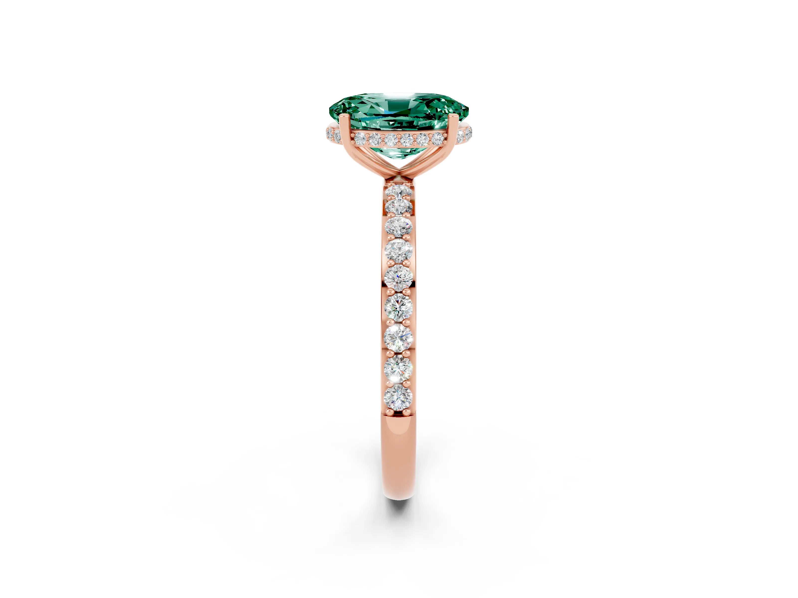 Rose gold {shape_name} Green Sapphire Solitaire Ring with Pavé Band and Hidden Halo_2