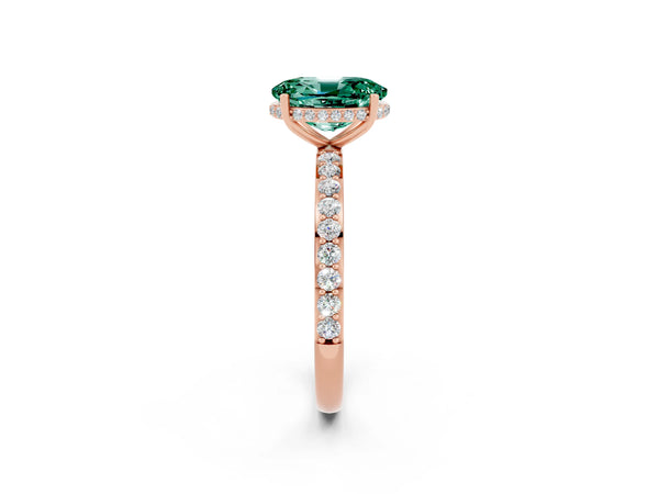 Rose gold Oval Cut Green Sapphire Solitaire Ring with Pavé Band and Hidden Halo