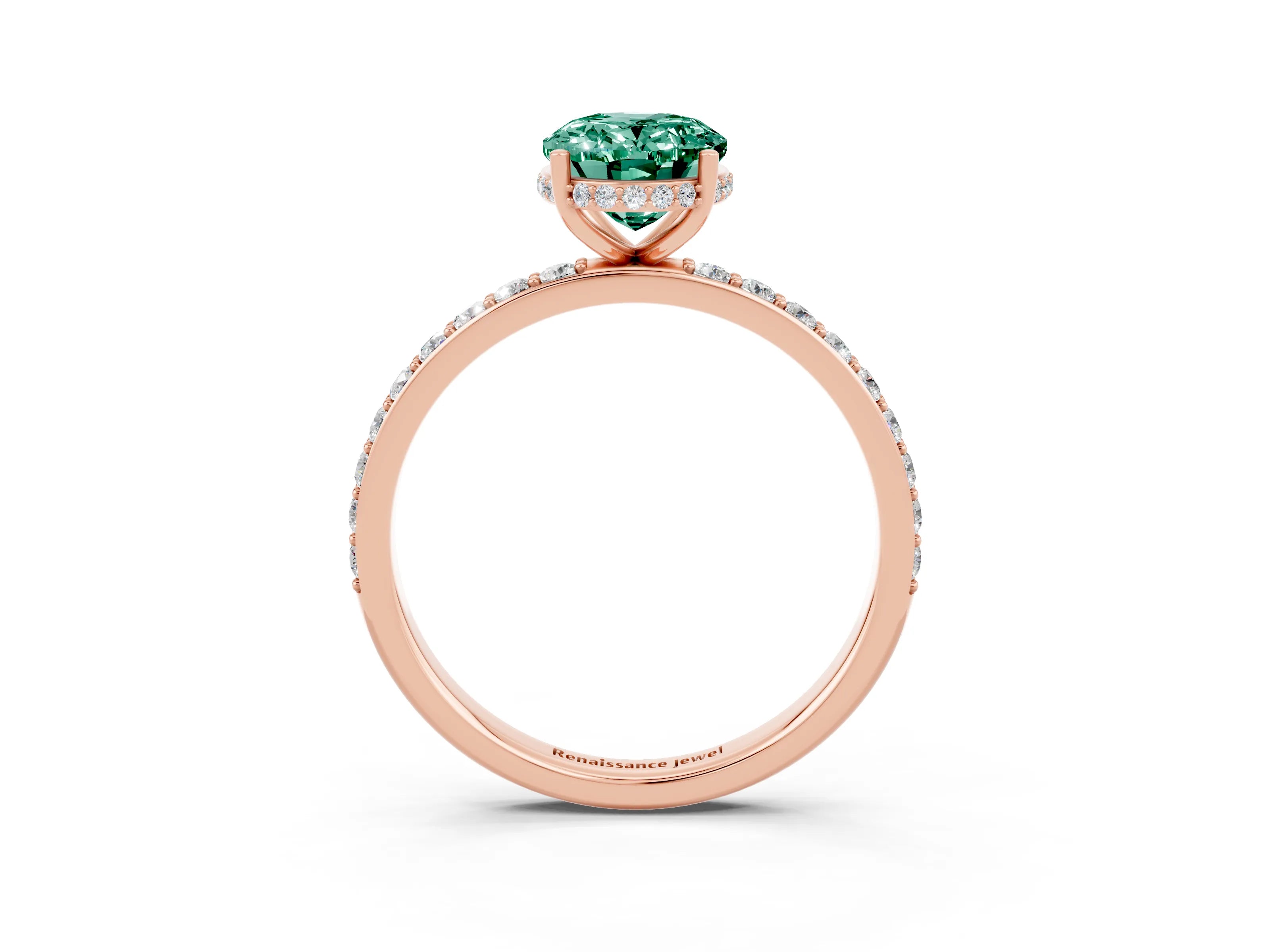 Rose gold {shape_name} Green Sapphire Solitaire Ring with Pavé Band and Hidden Halo_3