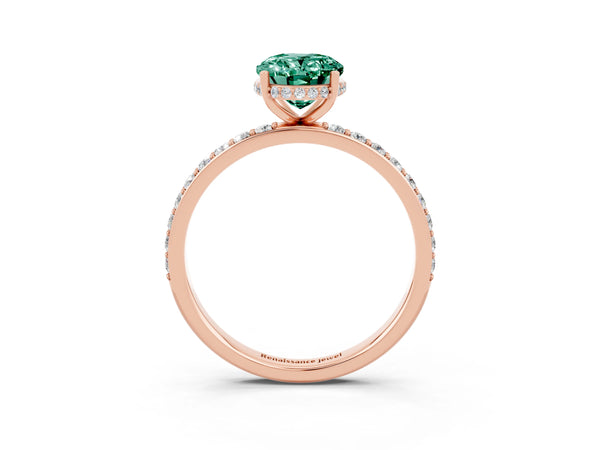 Rose gold Oval Cut Green Sapphire Solitaire Ring with Pavé Band and Hidden Halo