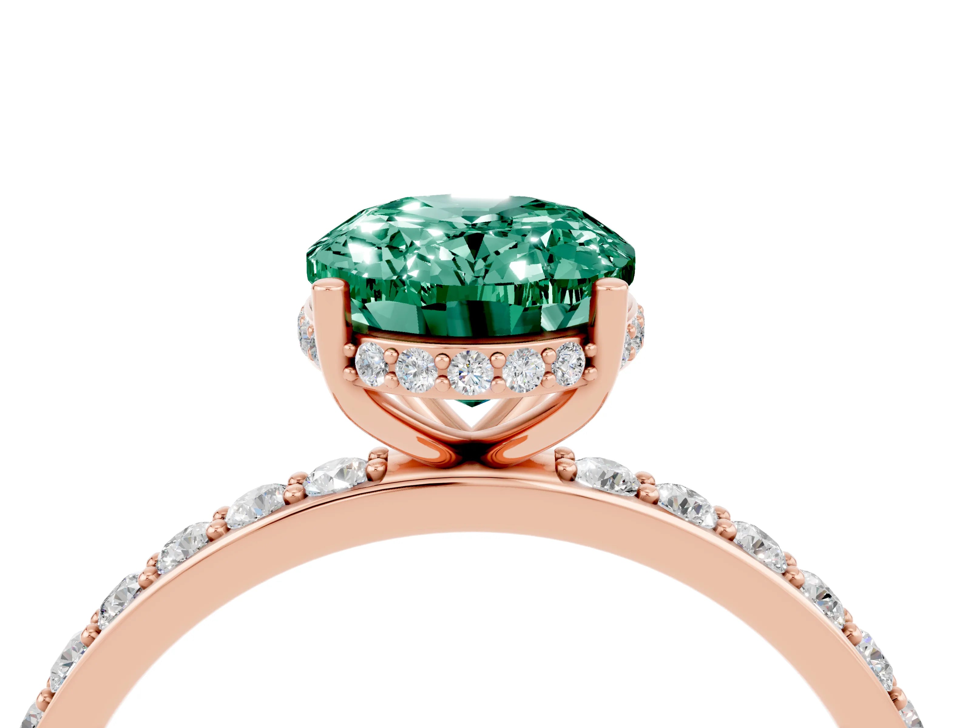 Rose gold {shape_name} Green Sapphire Solitaire Ring with Pavé Band and Hidden Halo_4