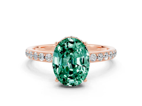 Rose gold {shape_name} Green Sapphire Solitaire Ring with Pavé Band and Hidden Halo