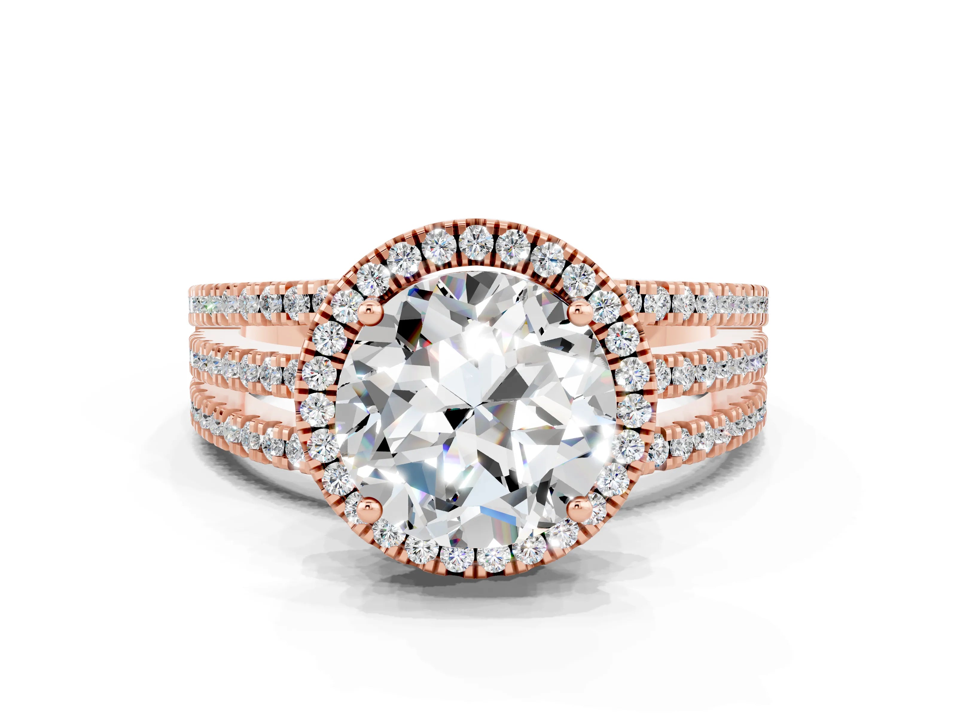 Rose gold {shape_name} Moissanite Halo Engagement Ring with Split Shank and Four-Prong Setting