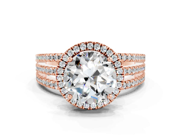 Rose gold Round Cut Moissanite Halo Engagement Ring with Split Shank and Four-Prong Setting