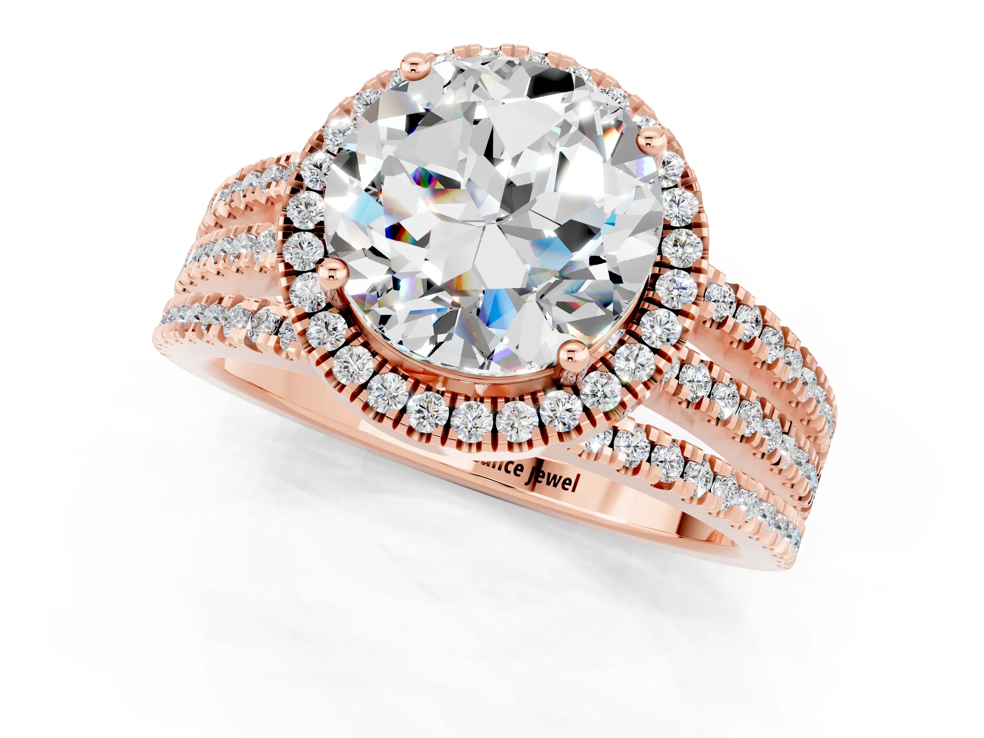 Rose gold {shape_name} Moissanite Halo Engagement Ring with Split Shank and Four-Prong Setting_1
