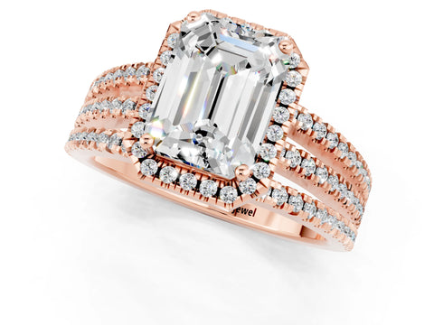 Rose gold {shape_name} Moissanite Halo Engagement Ring with Split Shank and Four-Prong Setting_1