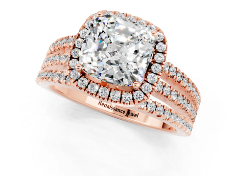 Rose gold {shape_name} Moissanite Halo Engagement Ring with Split Shank and Four-Prong Setting_1