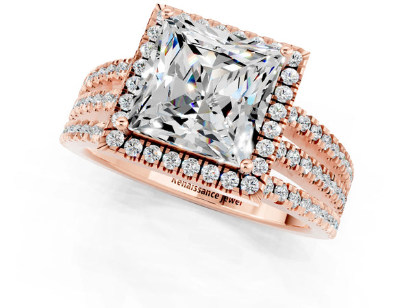 Rose gold Princess Cut Moissanite Halo Engagement Ring with Split Shank and Four-Prong Setting