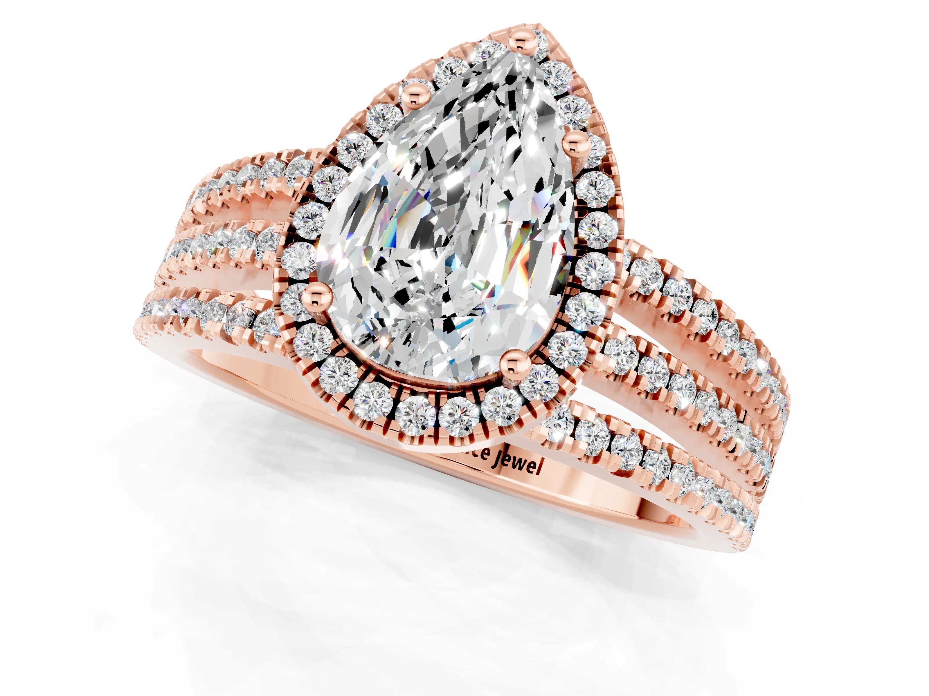 Rose gold {shape_name} Moissanite Halo Engagement Ring with Split Shank and Four-Prong Setting_1