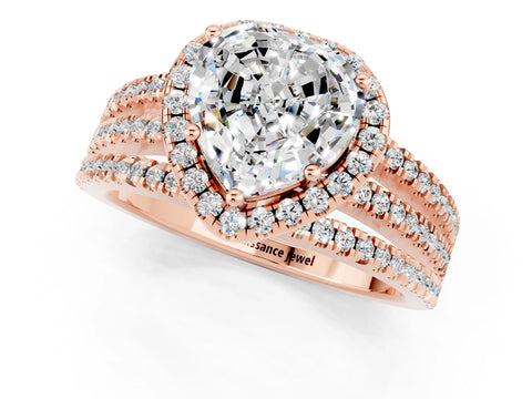 Rose gold {shape_name} Moissanite Halo Engagement Ring with Split Shank and Four-Prong Setting_1