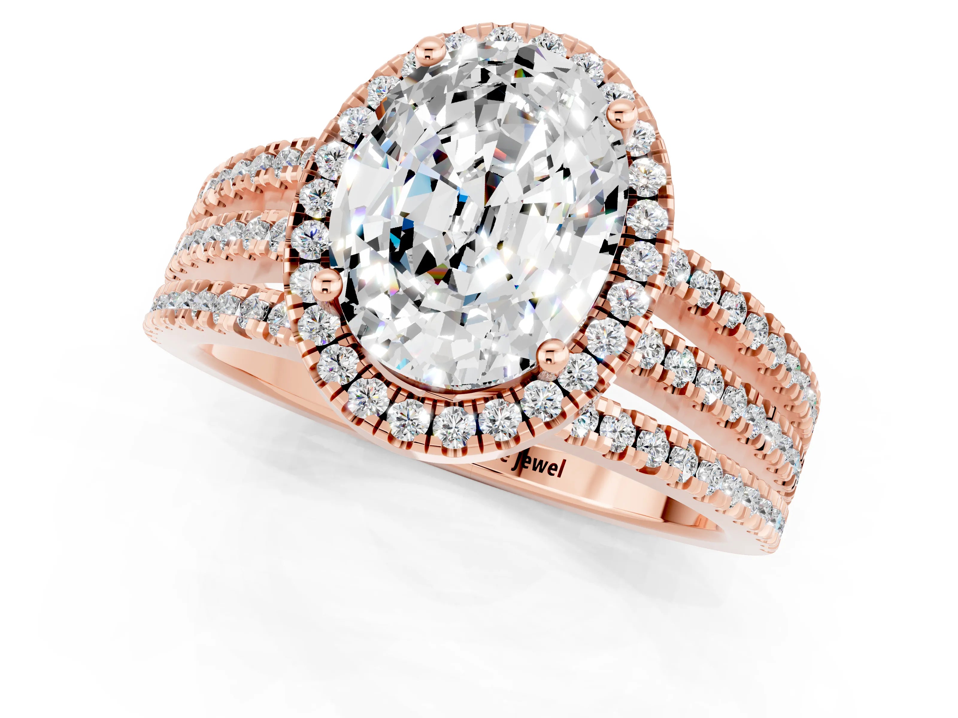 Rose gold {shape_name} Moissanite Halo Engagement Ring with Split Shank and Four-Prong Setting_1