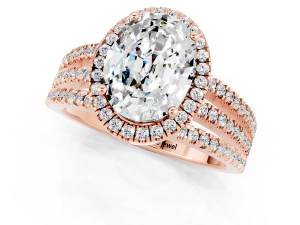 Rose gold Oval Cut Moissanite Halo Engagement Ring with Split Shank and Four-Prong Setting