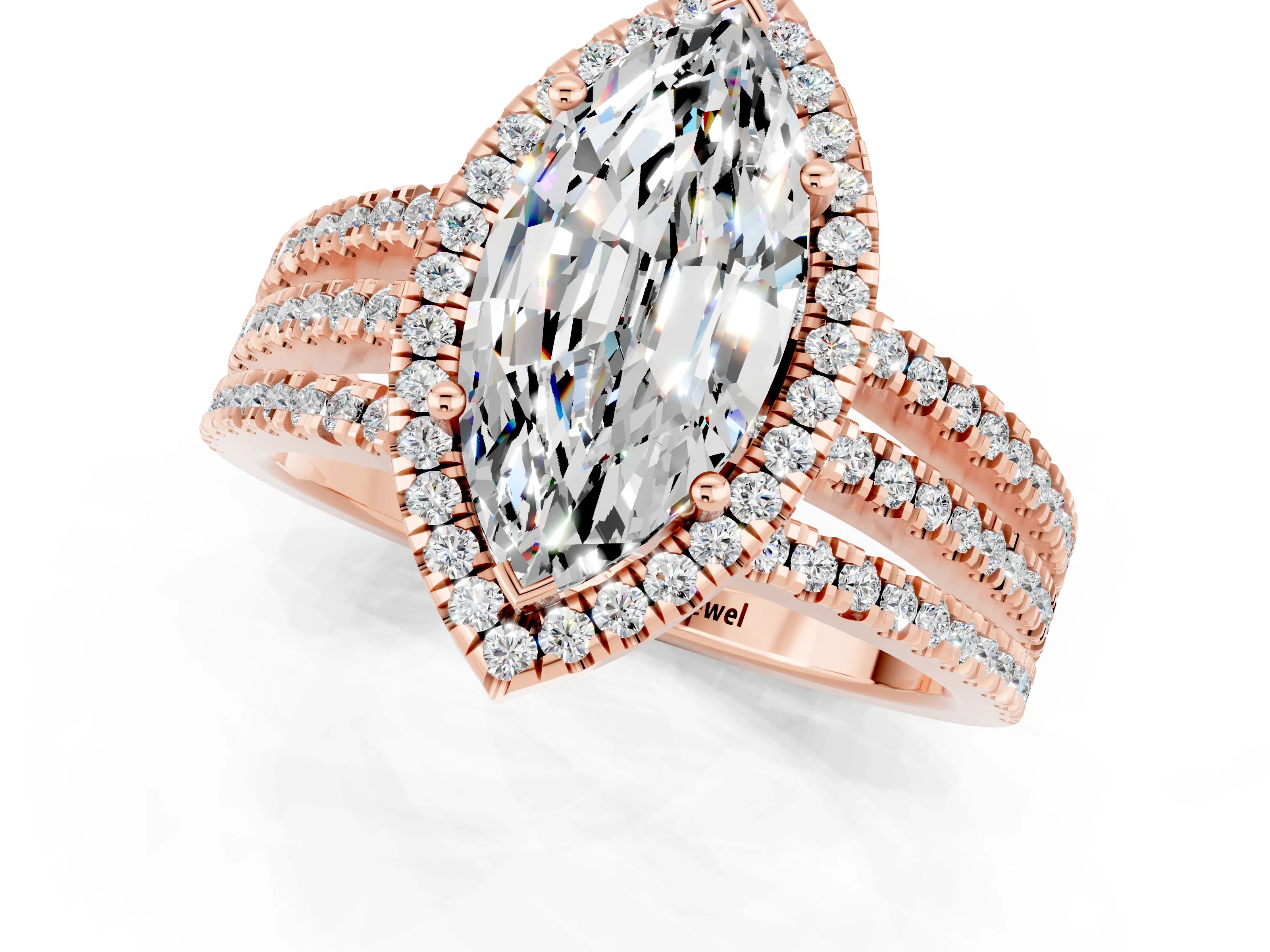 Rose gold {shape_name} Moissanite Halo Engagement Ring with Split Shank and Four-Prong Setting_1
