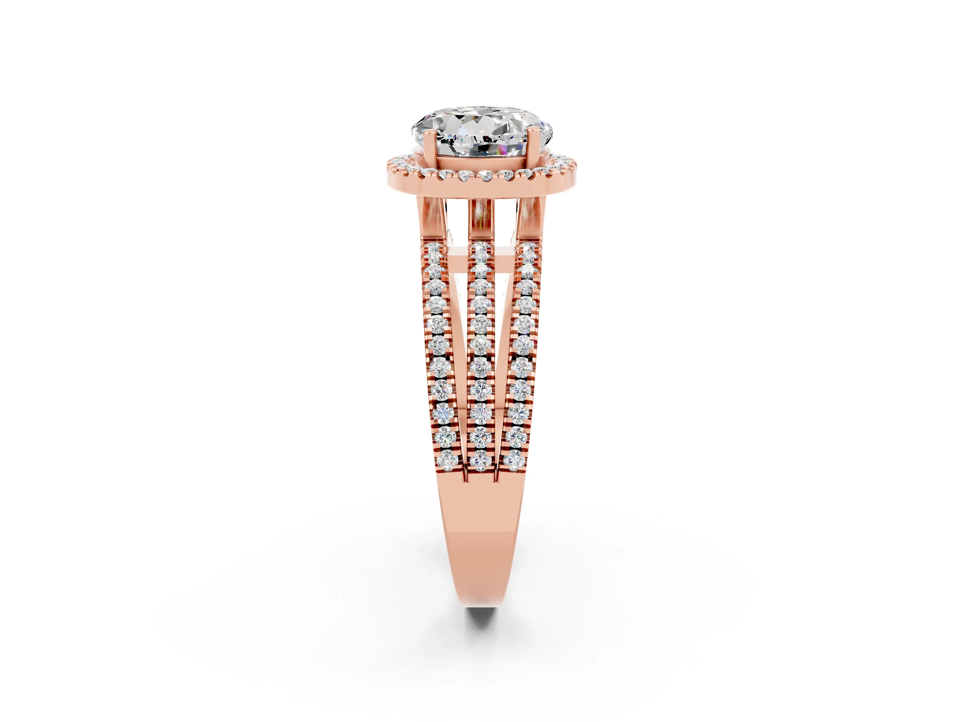 Rose gold {shape_name} Moissanite Halo Engagement Ring with Split Shank and Four-Prong Setting_2