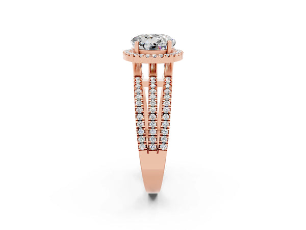Rose gold Round Cut Moissanite Halo Engagement Ring with Split Shank and Four-Prong Setting