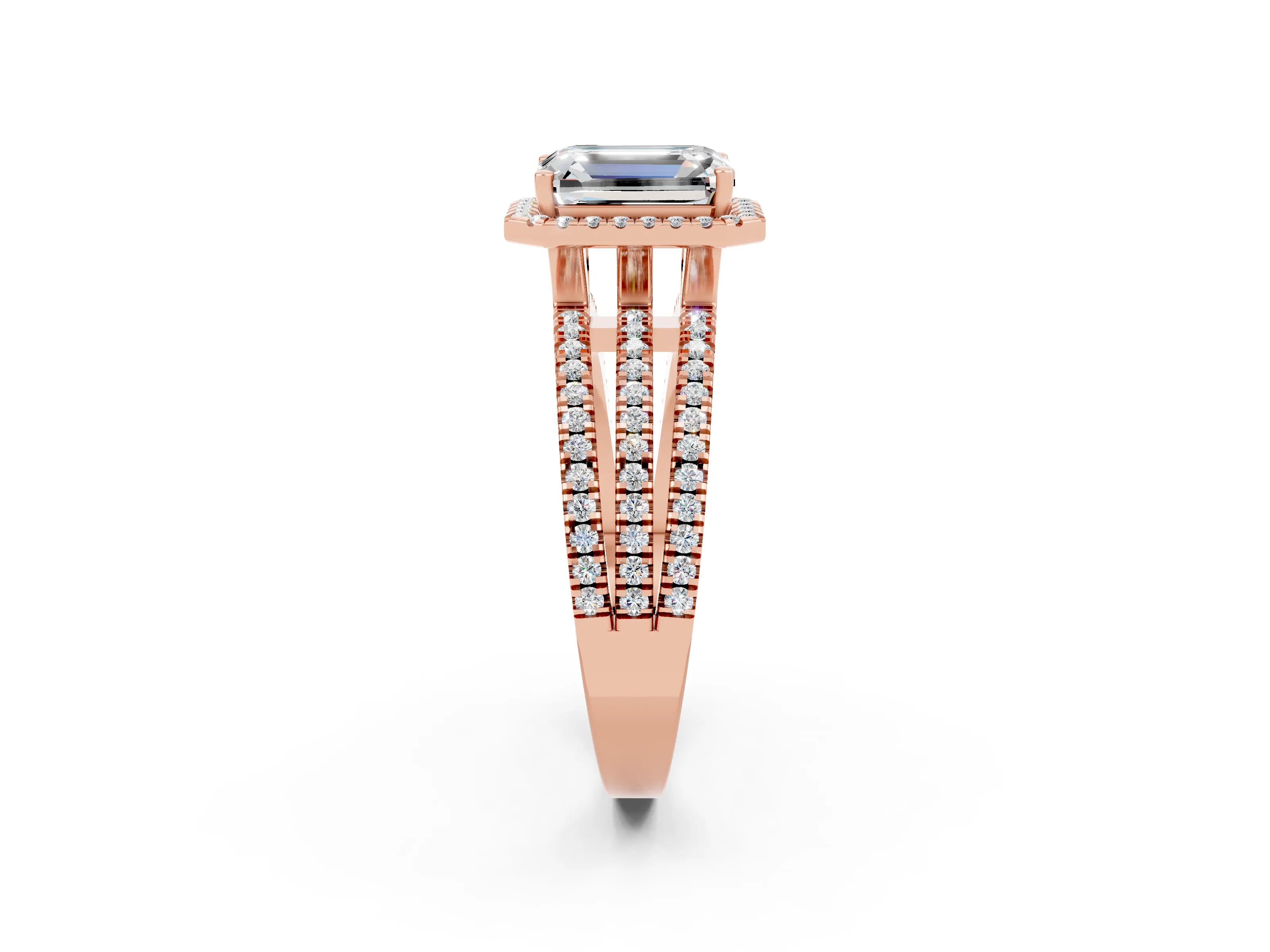 Rose gold {shape_name} Moissanite Halo Engagement Ring with Split Shank and Four-Prong Setting_2