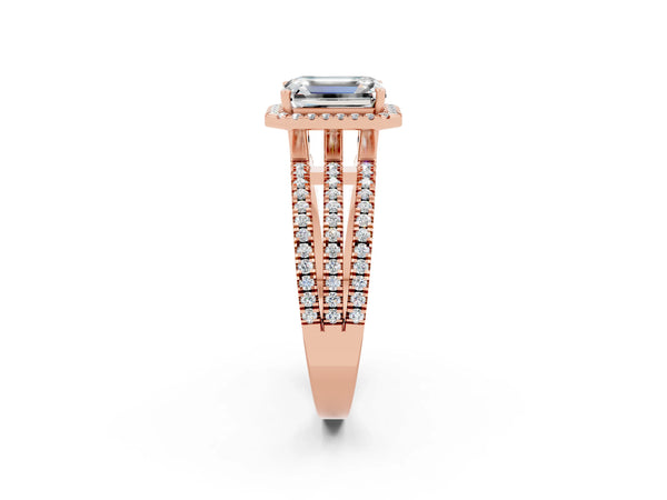 Rose gold Emerald Cut Moissanite Halo Engagement Ring with Split Shank and Four-Prong Setting