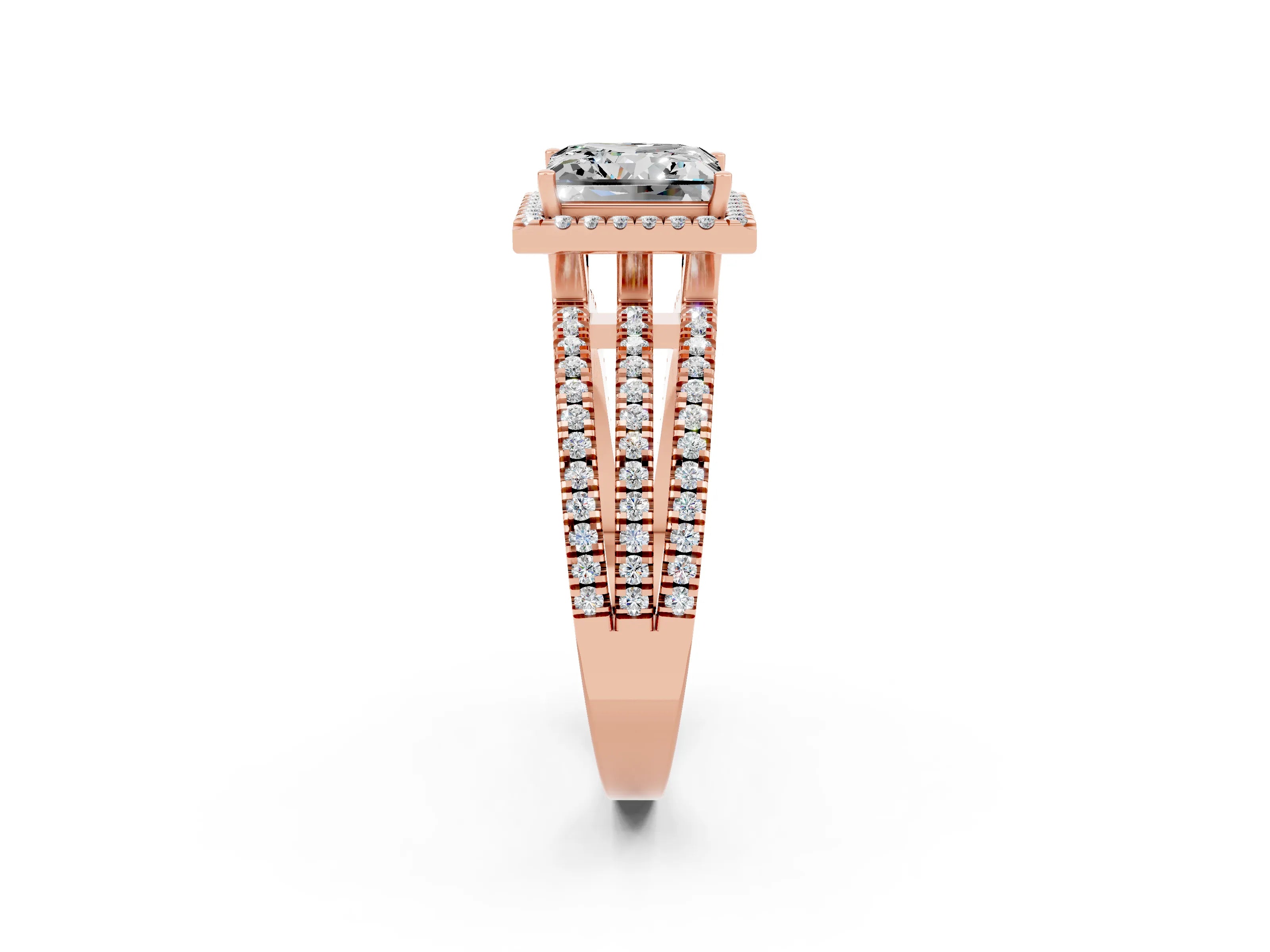 Rose gold {shape_name} Moissanite Halo Engagement Ring with Split Shank and Four-Prong Setting_2