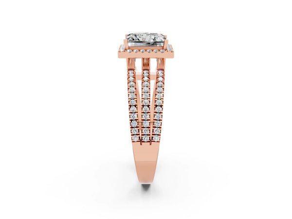 Rose gold Princess Cut Moissanite Halo Engagement Ring with Split Shank and Four-Prong Setting