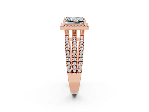Rose gold {shape_name} Moissanite Halo Engagement Ring with Split Shank and Four-Prong Setting_2