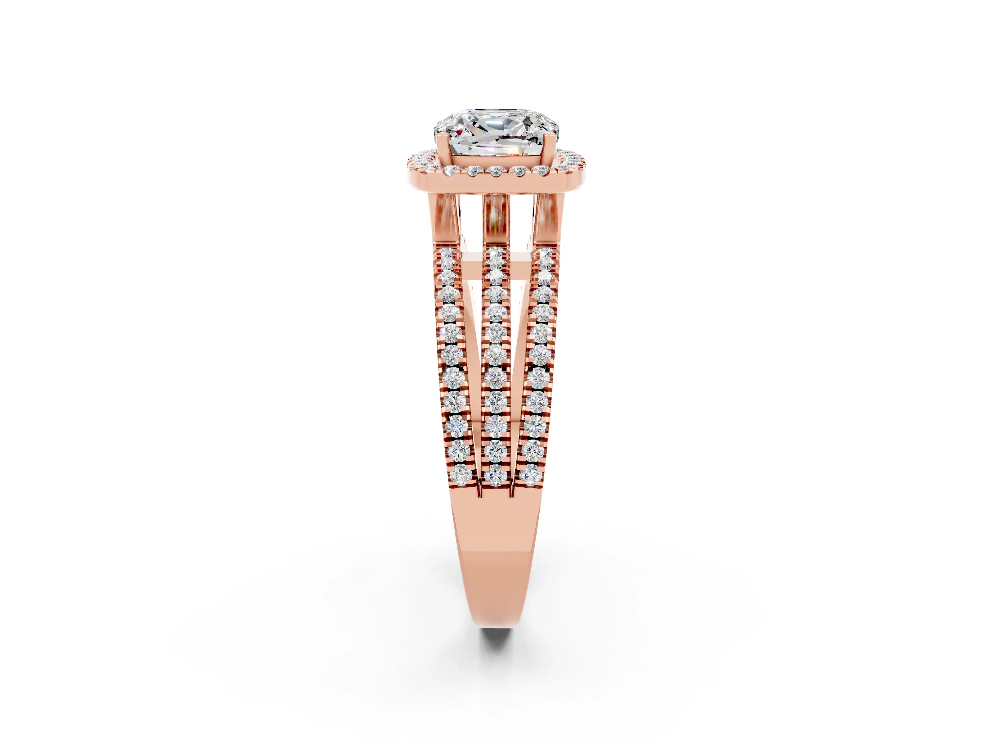 Rose gold {shape_name} Moissanite Halo Engagement Ring with Split Shank and Four-Prong Setting_2