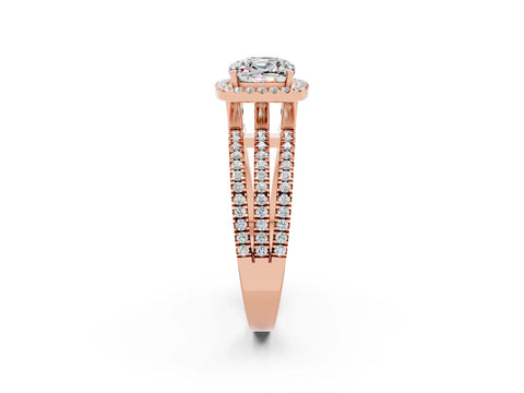 Rose gold {shape_name} Moissanite Halo Engagement Ring with Split Shank and Four-Prong Setting_2