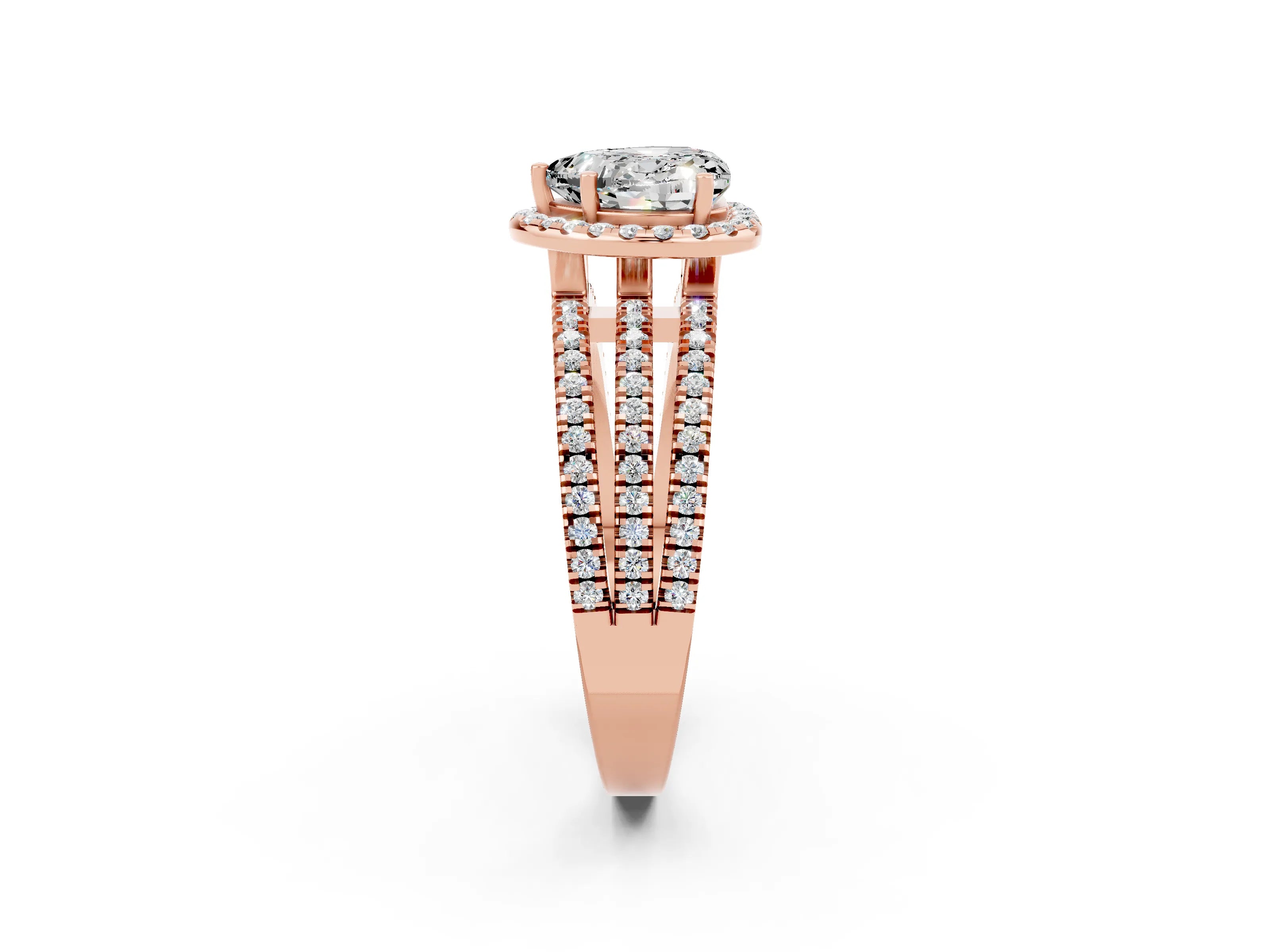 Rose gold {shape_name} Moissanite Halo Engagement Ring with Split Shank and Four-Prong Setting_2