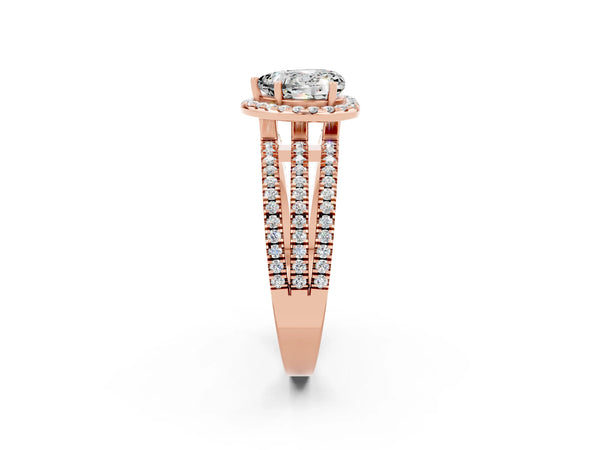 Rose gold Heart Cut Moissanite Halo Engagement Ring with Split Shank and Four-Prong Setting